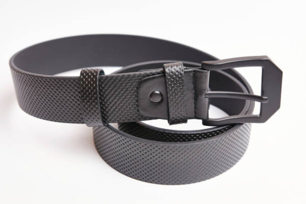 Big black leather belt with black metal buckle.